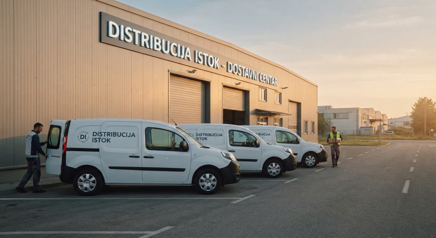 Flota bijelih Renault Kangoo vozila ispred distribucijskog centra
