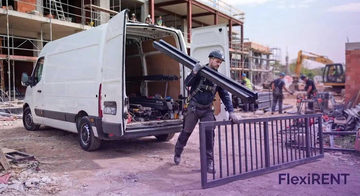Najam kombija za gradilište — radnik utovaruje metalne profile u FlexiRENT Renault Master