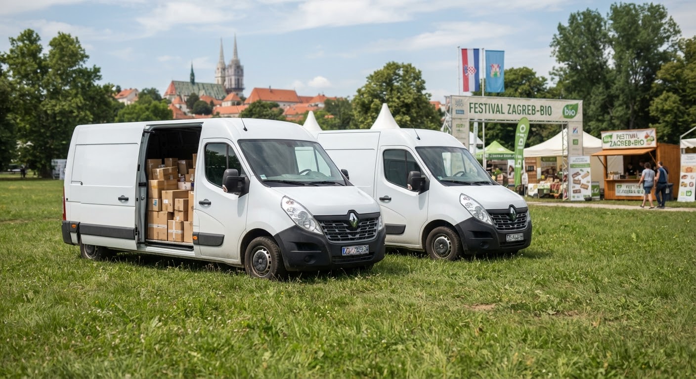 Dva Renault Mastera s otvorenim vratima i utovarenom robom ispred zagrebačke katedrale