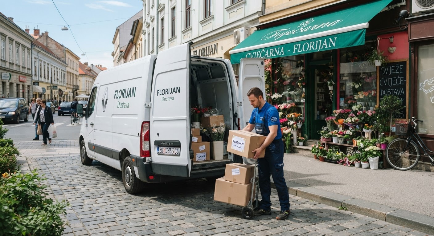 Dostavljač utovaruje pakete u Renault Master ispred cvjećarnice u centru Zagreba