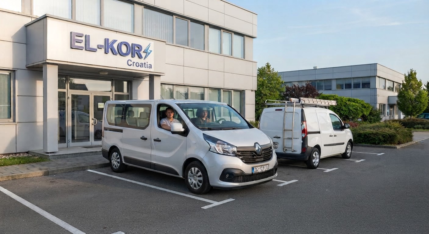 Renault Trafic i Renault Kangoo parkirani ispred moderne poslovne zgrade