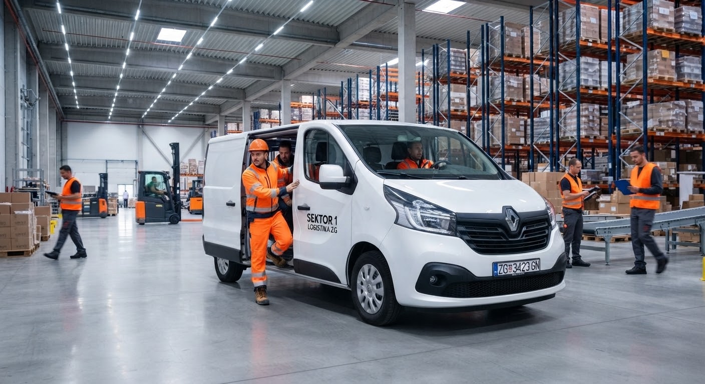 Renault Trafic u logističkom skladištu, radnici u narančastim prslucima utovaruju robu