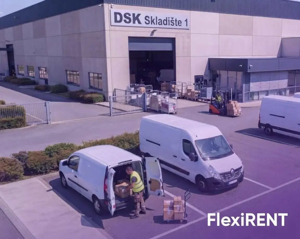 Najam dostavnih vozila za logistiku — utovar paketa u kombije ispred skladišta