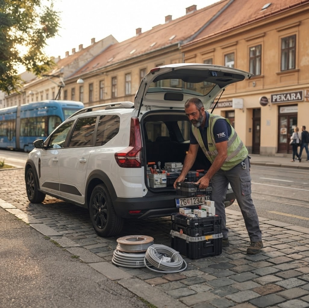 Mjesečni najam vozila — majstor utovaruje alat u vozilo u mjesečnom najmu u Zagrebu