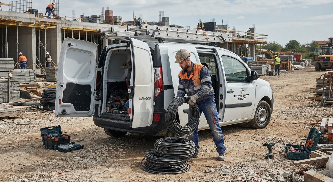 Radnik u prsluku i kacigi utovaruje kolute kabela u Renault Kangoo na gradilištu